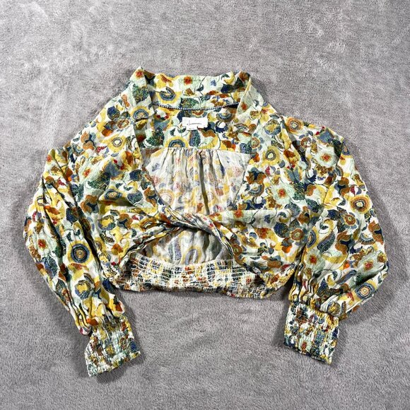 By Anthropologie Twist Crop Top Set Smocked Floral Printed Wrap Blouse Women's M - Picture 2 of 13
